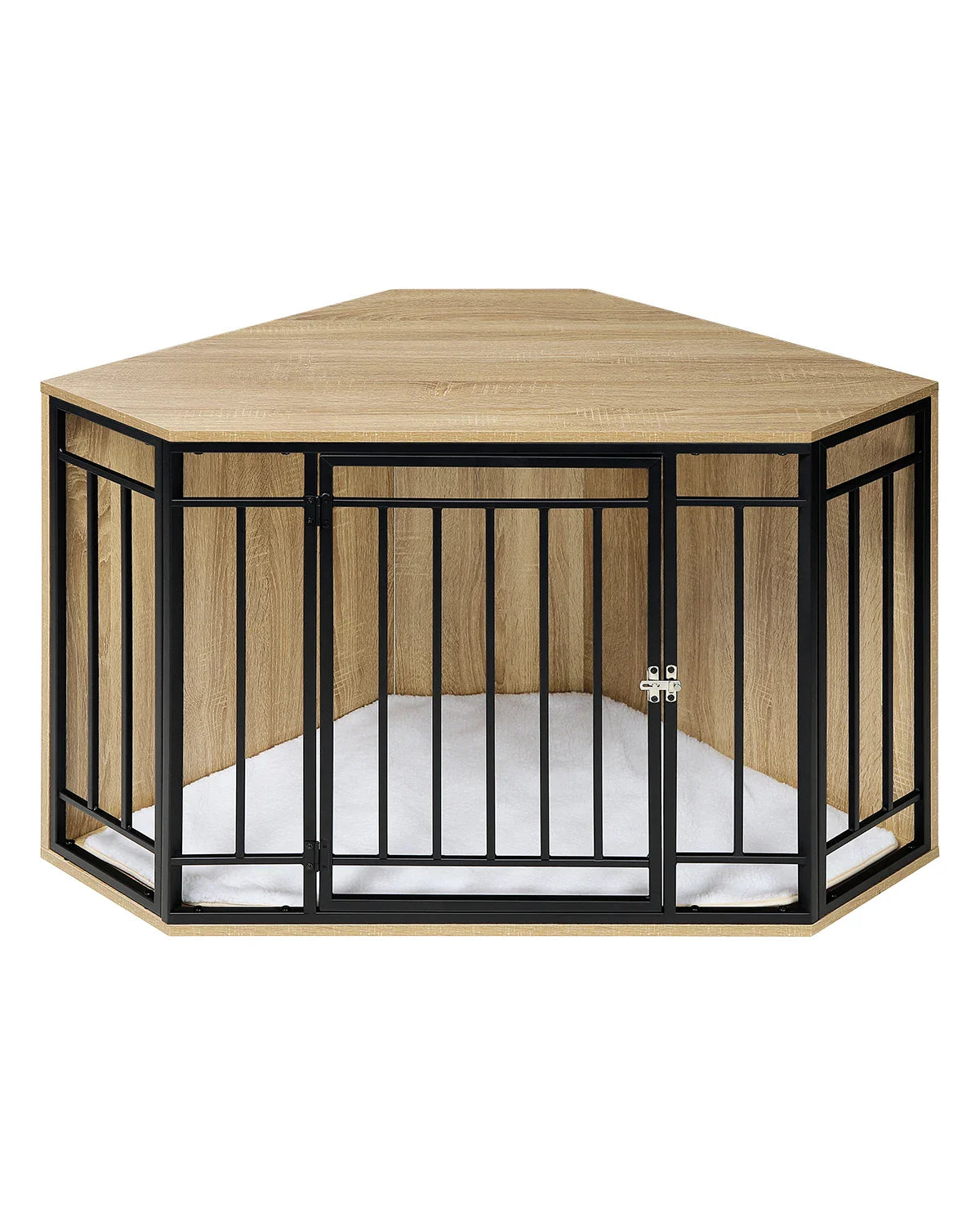 Stylish modern dog crate for small spaces with wooden top and black metal bars
