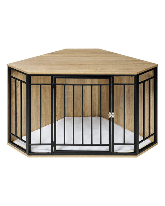 Stylish modern dog crate for small spaces with wooden top and black metal bars