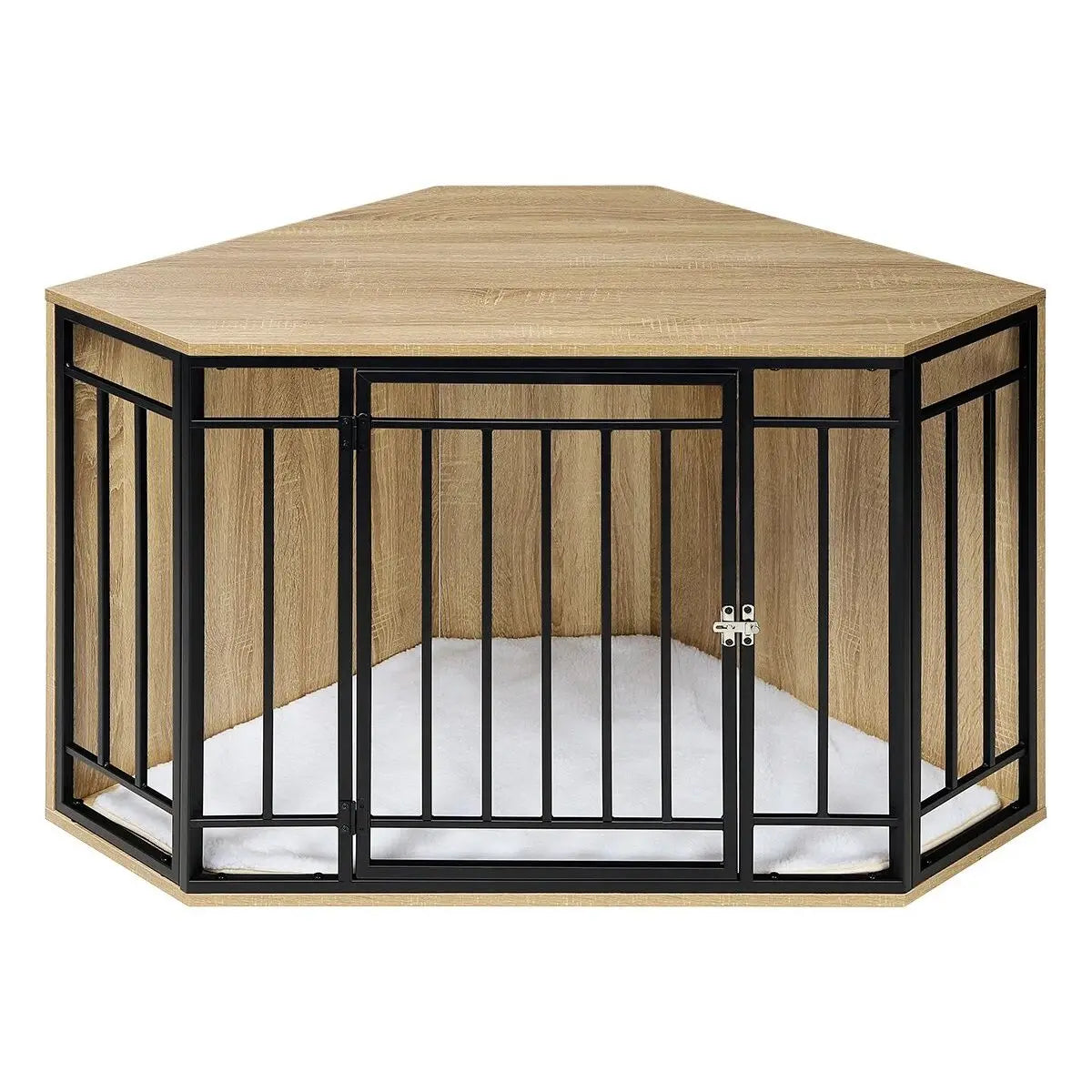 Modern dog crate for small spaces with a stylish wood finish and metal bars for durability