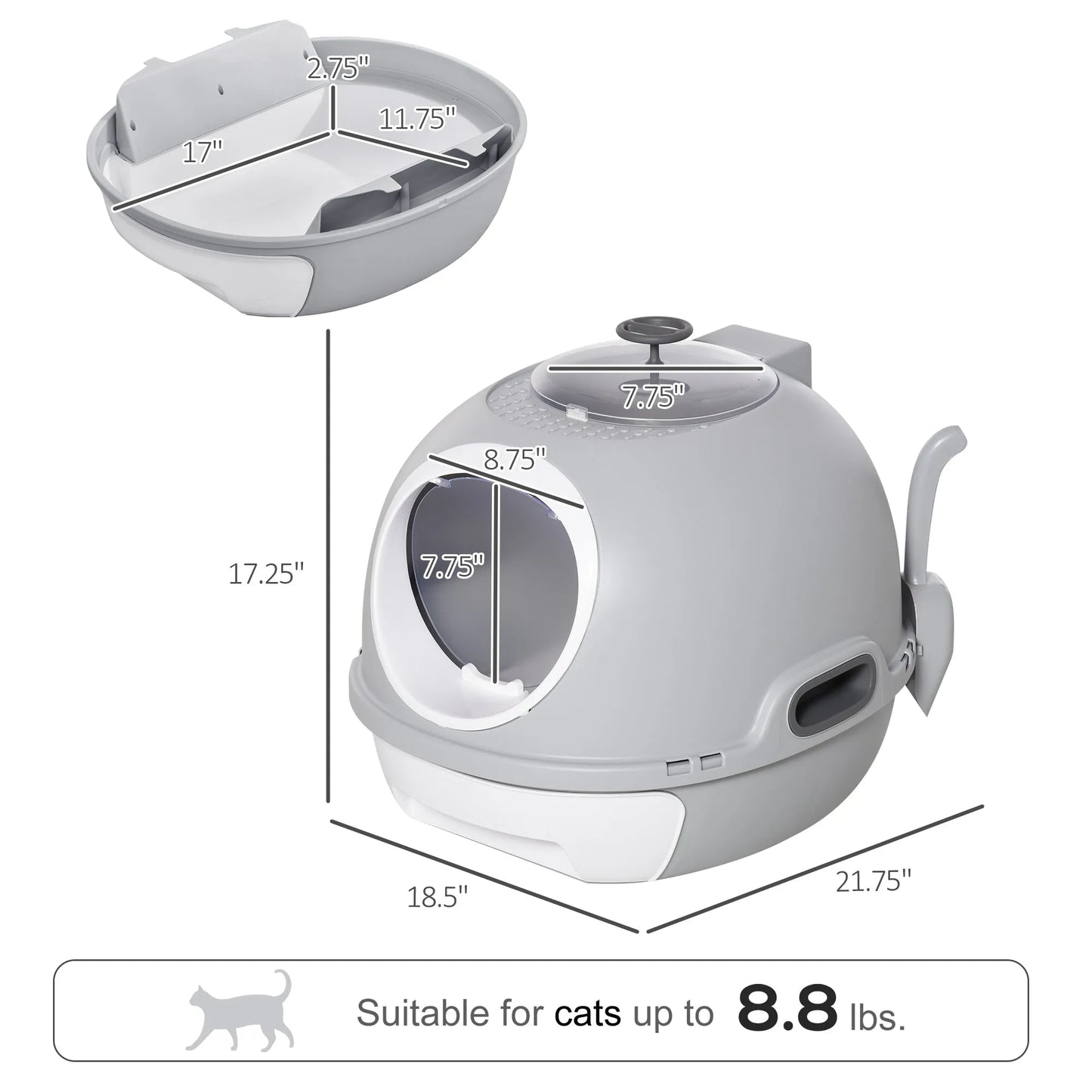 Modern Enclosed Cat Litter Box with Lid and Privacy Chamber by Purrfect Pet Kingdom in gray, measuring 560x475x360 mm.