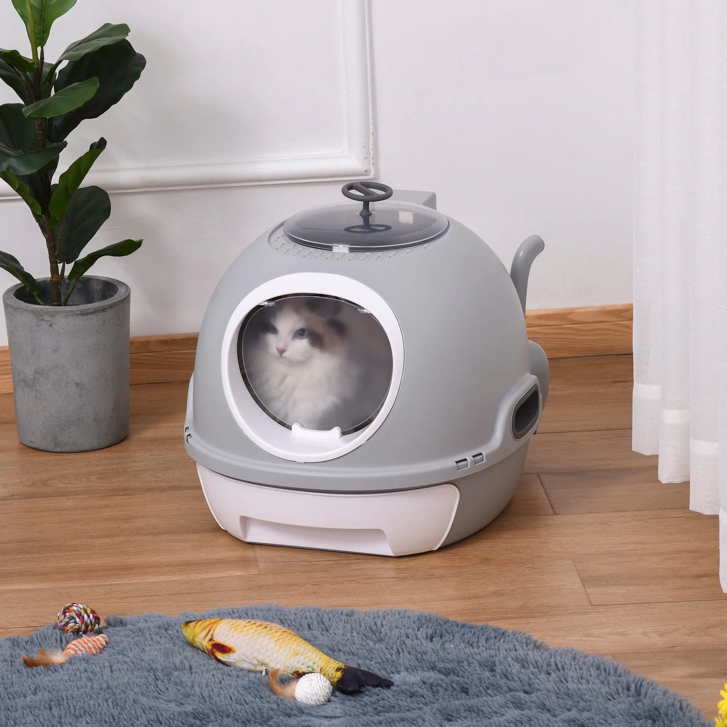 Modern Enclosed Cat Litter Box with Lid and Privacy Chamber by Purrfect Pet Kingdom in gray, measuring 560x475x360 mm.