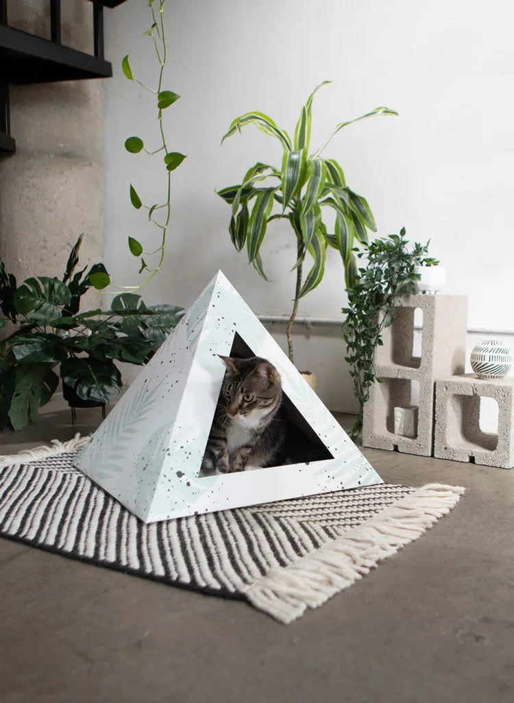 Modern Geometric Cardboard Pyramid Cat Hideaway House by Purrfect Pet Kingdom in a stylish design, perfect for playful kit...