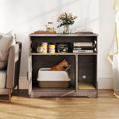 Modern Hidden Cat Litter Box Enclosure in gray by Purrfect Pet Kingdom, large wooden cabinet perfect for cat litter and ac...