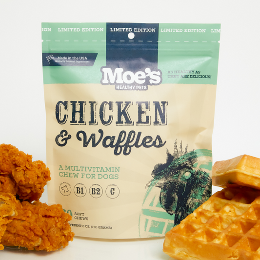 Moe's Healthy Pets Chicken and Waffles dog chews packed with vitamins for a tasty, nutritious treat
