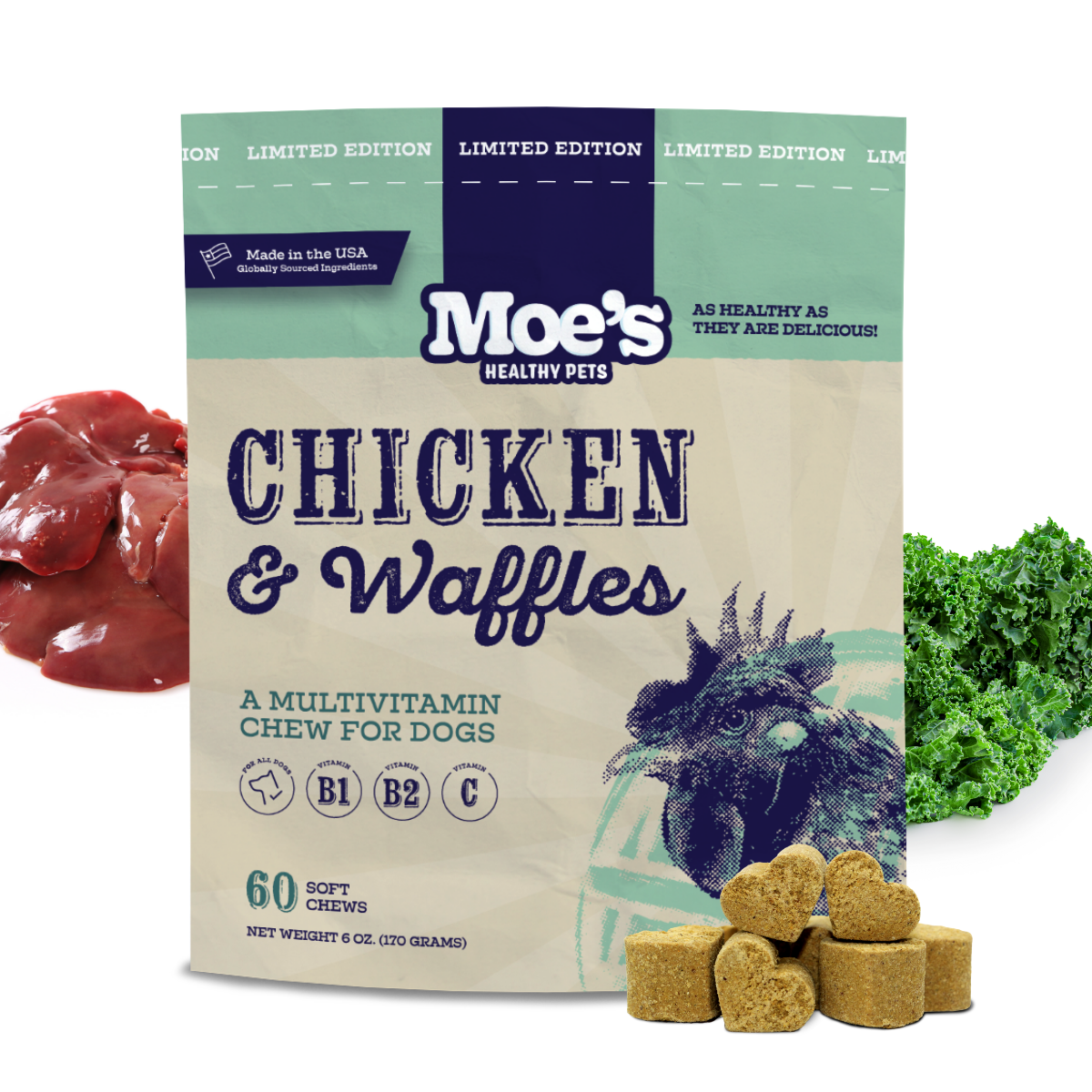 Moe's Healthy Pets chicken and waffles dog chews in a 6 oz bag with soft chews and ingredients