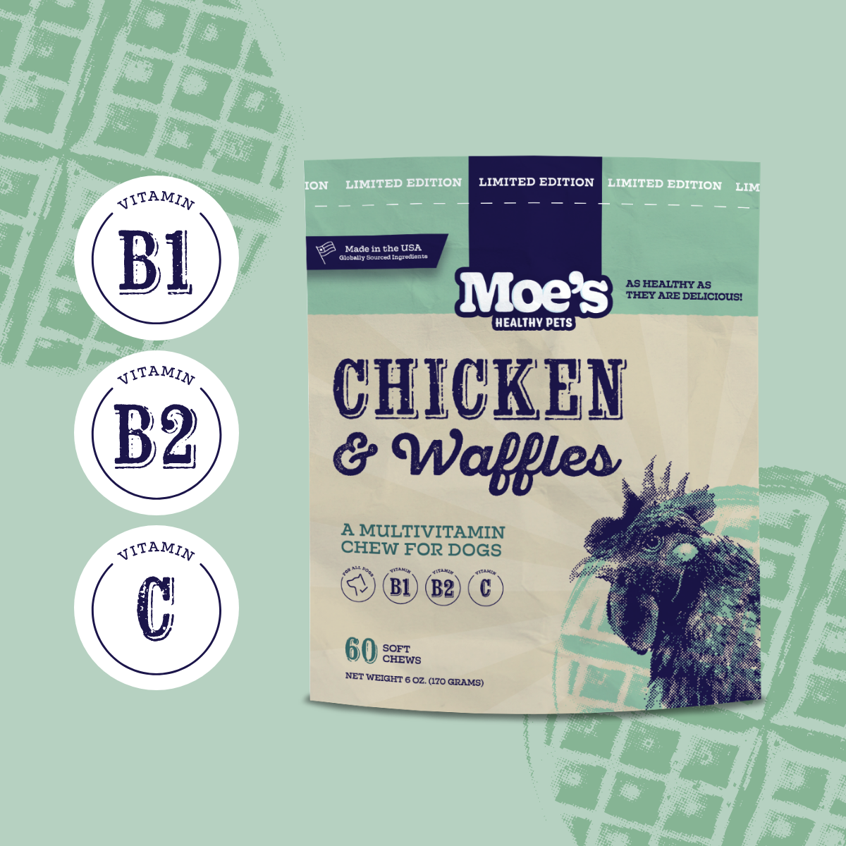 Moe's Healthy Pets chicken and waffles dog chews packaged for pets with essential vitamins B1, B2, and C