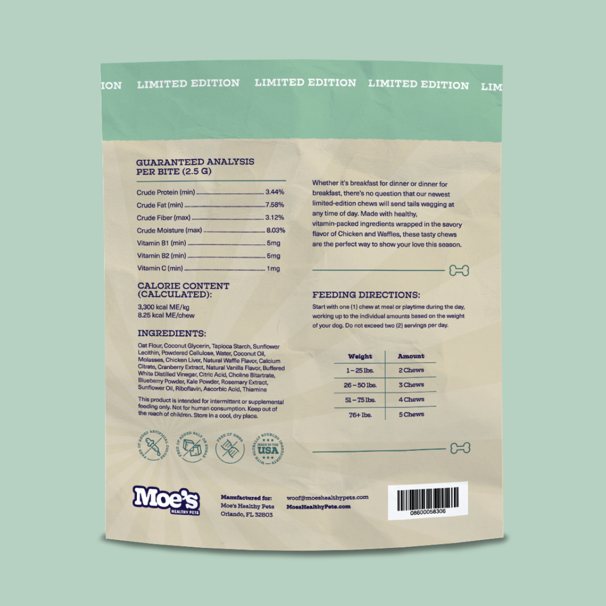 Moe's Healthy Pets Chicken and Waffles Dog Chews package with nutrition and ingredient details on the back