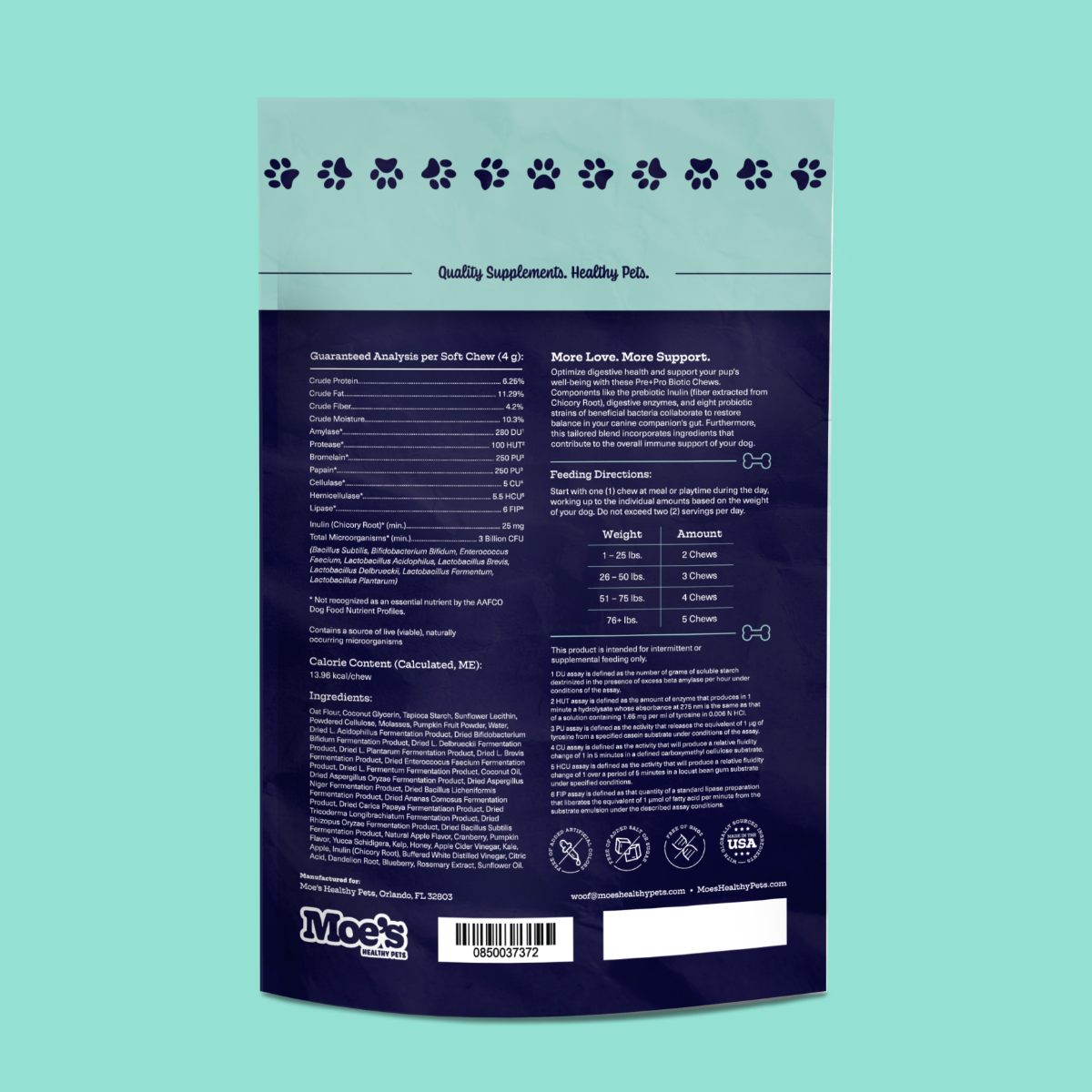 Moe's Healthy Pets dog probiotic chews package featuring nutrient details and feeding instructions