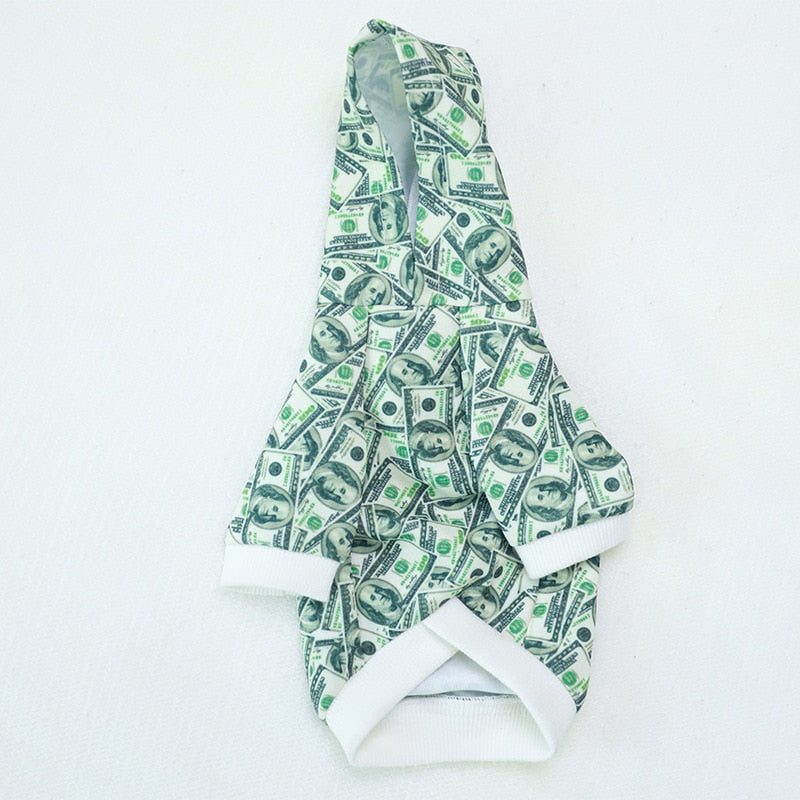 Money print dog hoodie featuring a dollar bill design for stylish pets