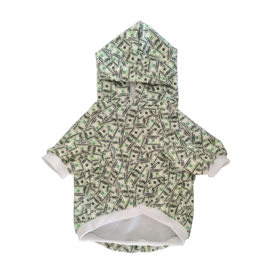 Money print dog hoodie featuring a stylish dollar bill design for fashionable pets