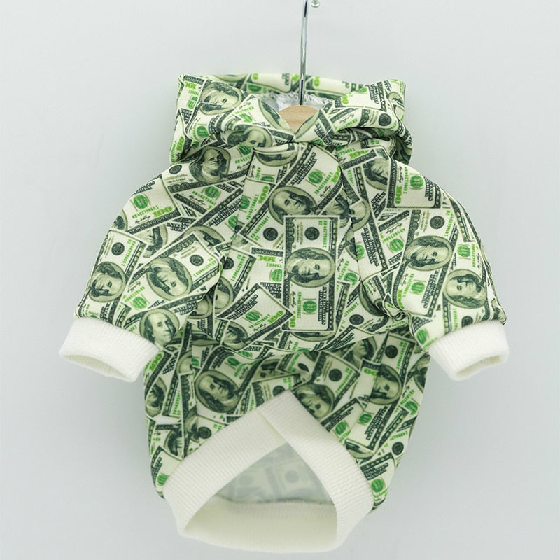 Money print dog hoodie featuring an all-over dollar bill design for stylish pets