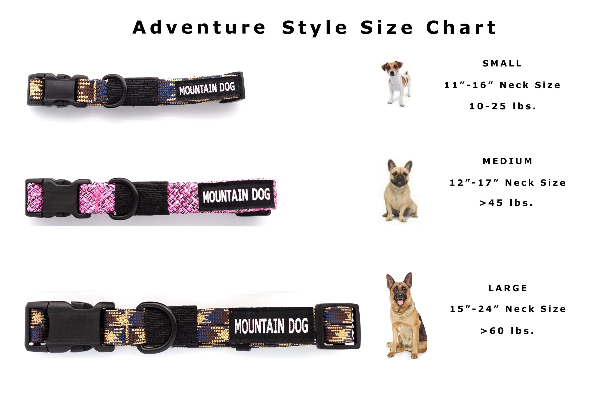 Adventure style size chart for mountain climbing rope dog collar with sizes small, medium, and large options
