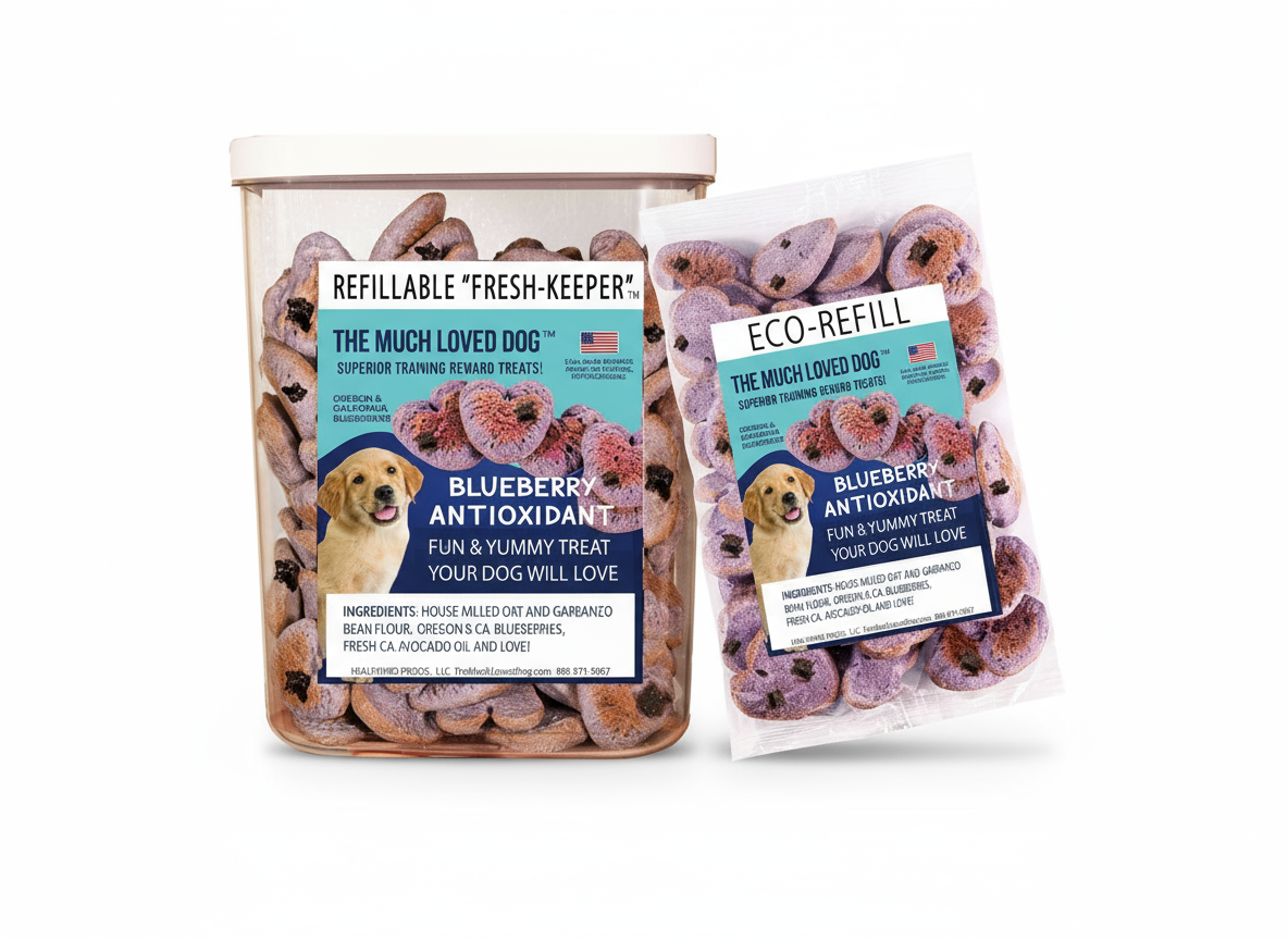 Blueberry dog training treats in a refillable container and eco-refill bag for healthy canine rewards