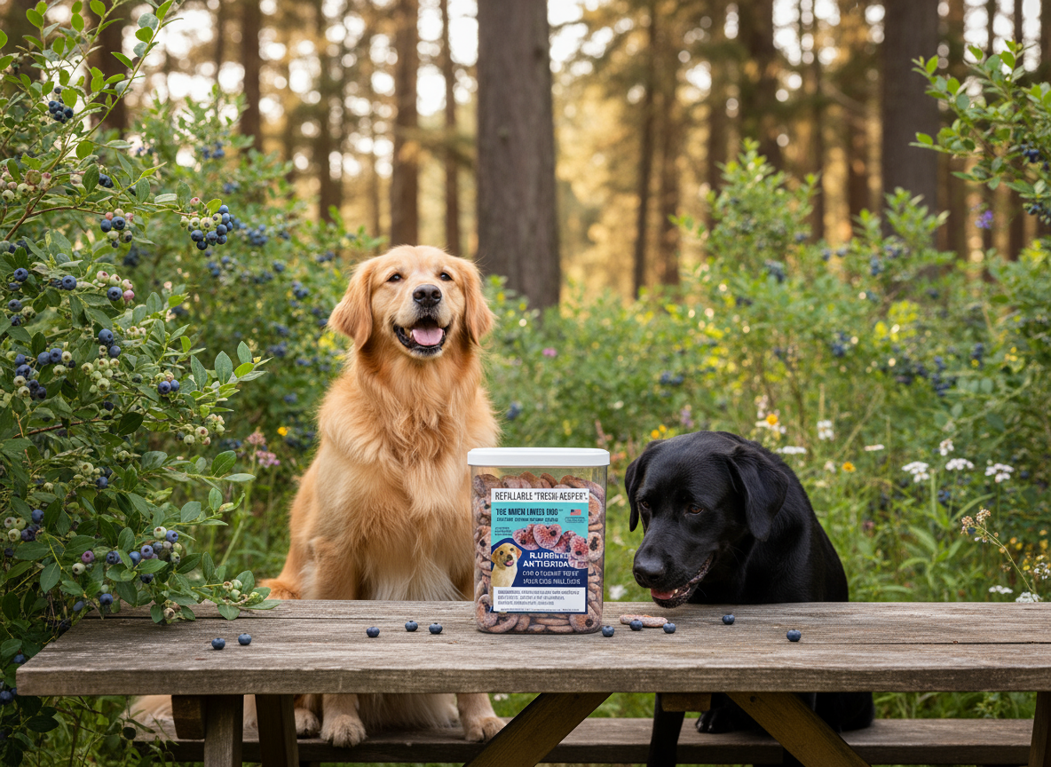 Golden Retriever and Labrador sitting at a table with HealthPro blueberry dog training treats surrounded by blueberries