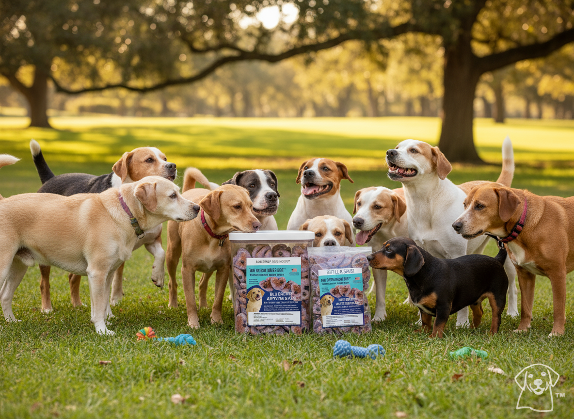 Group of dogs enjoying blueberry dog training treats from HealthPro LLC in a sunny park setting