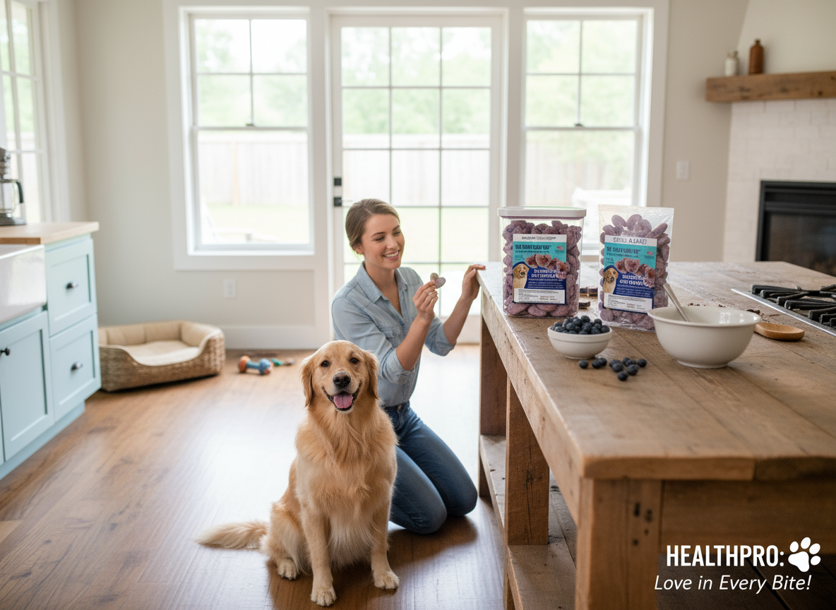 A woman training her dog with blueberry dog training treats from HealthPro in a bright kitchen