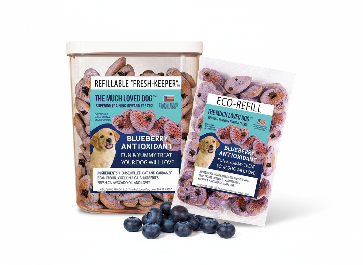 HealthPro LLC Blueberry Dog Training Treats in a refillable container and eco-refill package