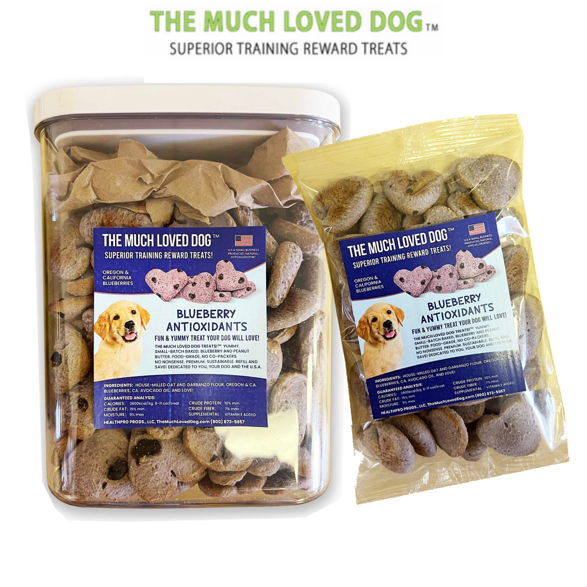 HealthPro LLC Blueberry Dog Training Treats in a resealable container and bag for effective training rewards