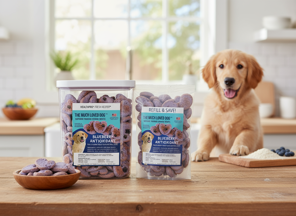 HealthPro LLC Blueberry Dog Training Treats in a clear container with a happy puppy in a kitchen setting