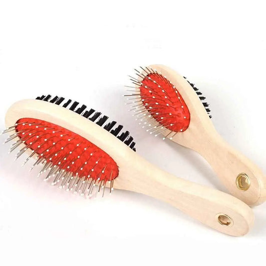 Purrfect Pet Kingdom multi-functional pet comb with wooden handle and bristle and pin sides for brushing and detangling