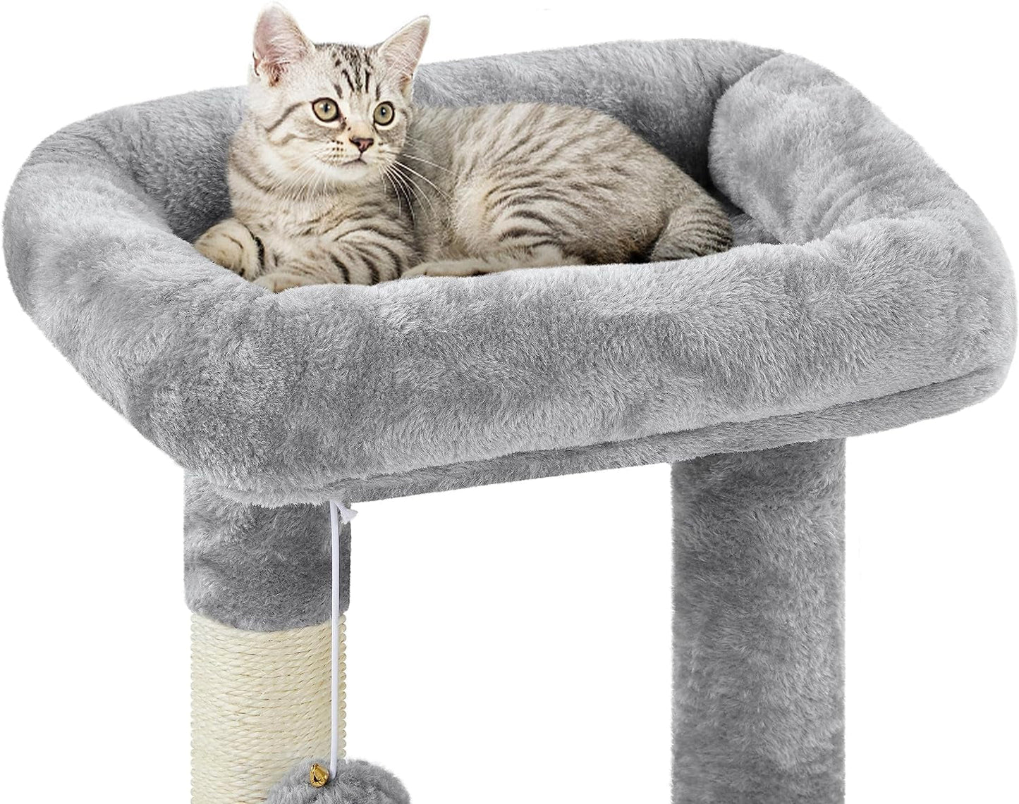 Gray multi-level cat furniture with a soft top for lounging and scratching post for playful cats