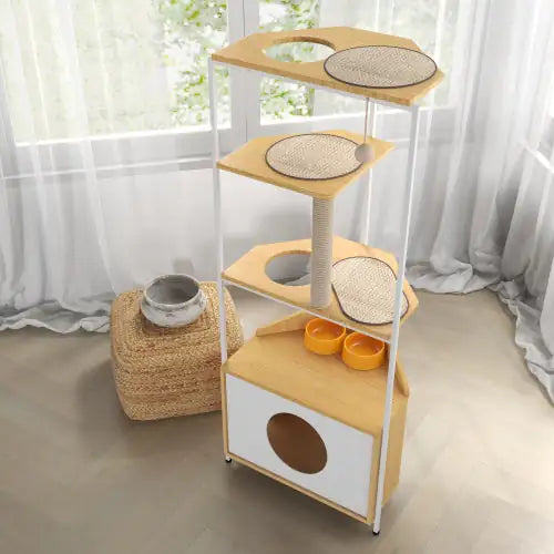 Stylish multi-level cat playhouse for indoor cats with scratching post and cozy spaces
