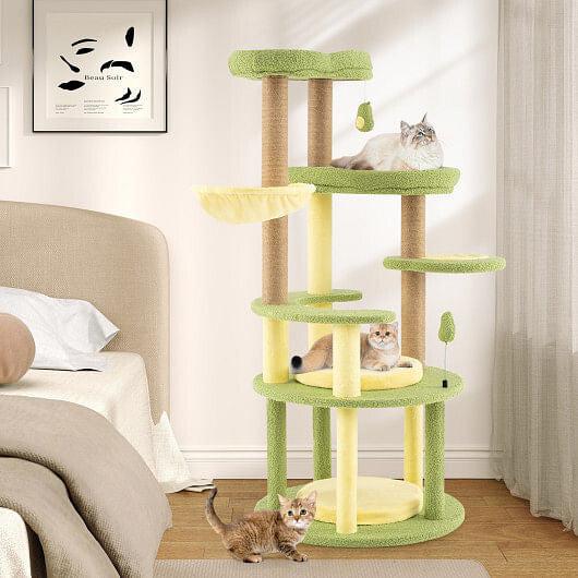 Multi-level cat tree for indoor cats with platforms and scratching posts in a modern living room