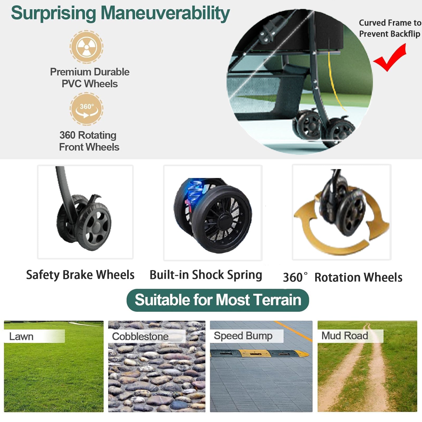 Features of multifunctional dog cart car seat showing rotating wheels for easy maneuverability on various terrains