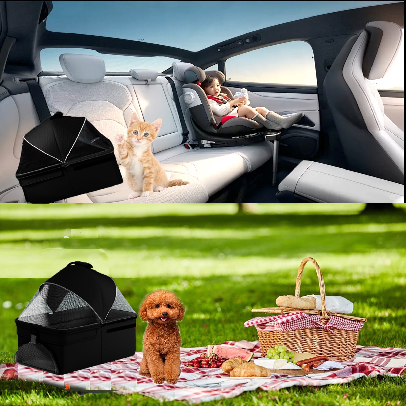 Multifunctional dog cart car seat designed for pets, shown in a vehicle interior and picnic setting
