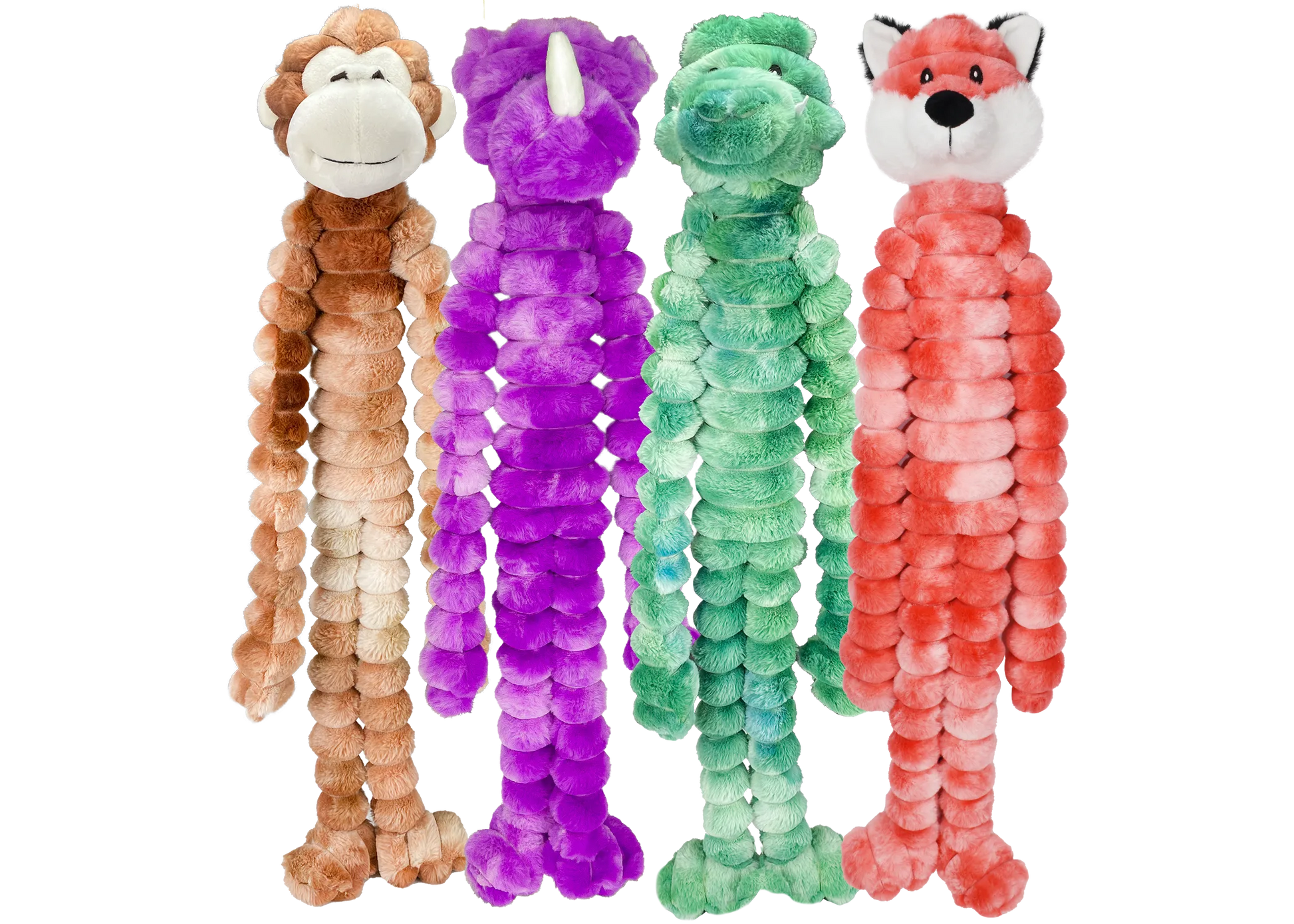 Multipet Crimpy Palz assorted animal dog toy by The Family Pet, vibrant colors, 20-inch size, perfect for playful pups.