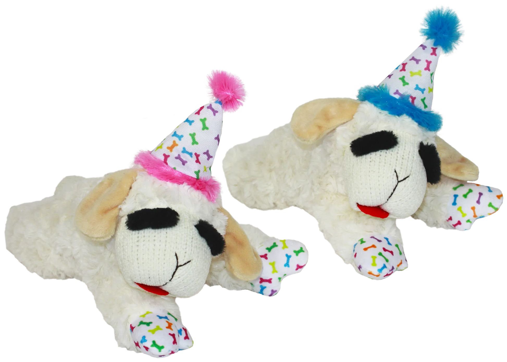 Multipet Lamb Chop® dog toy with birthday hat, assorted colors, 6 inches, by The Family Pet, perfect for playful pups.