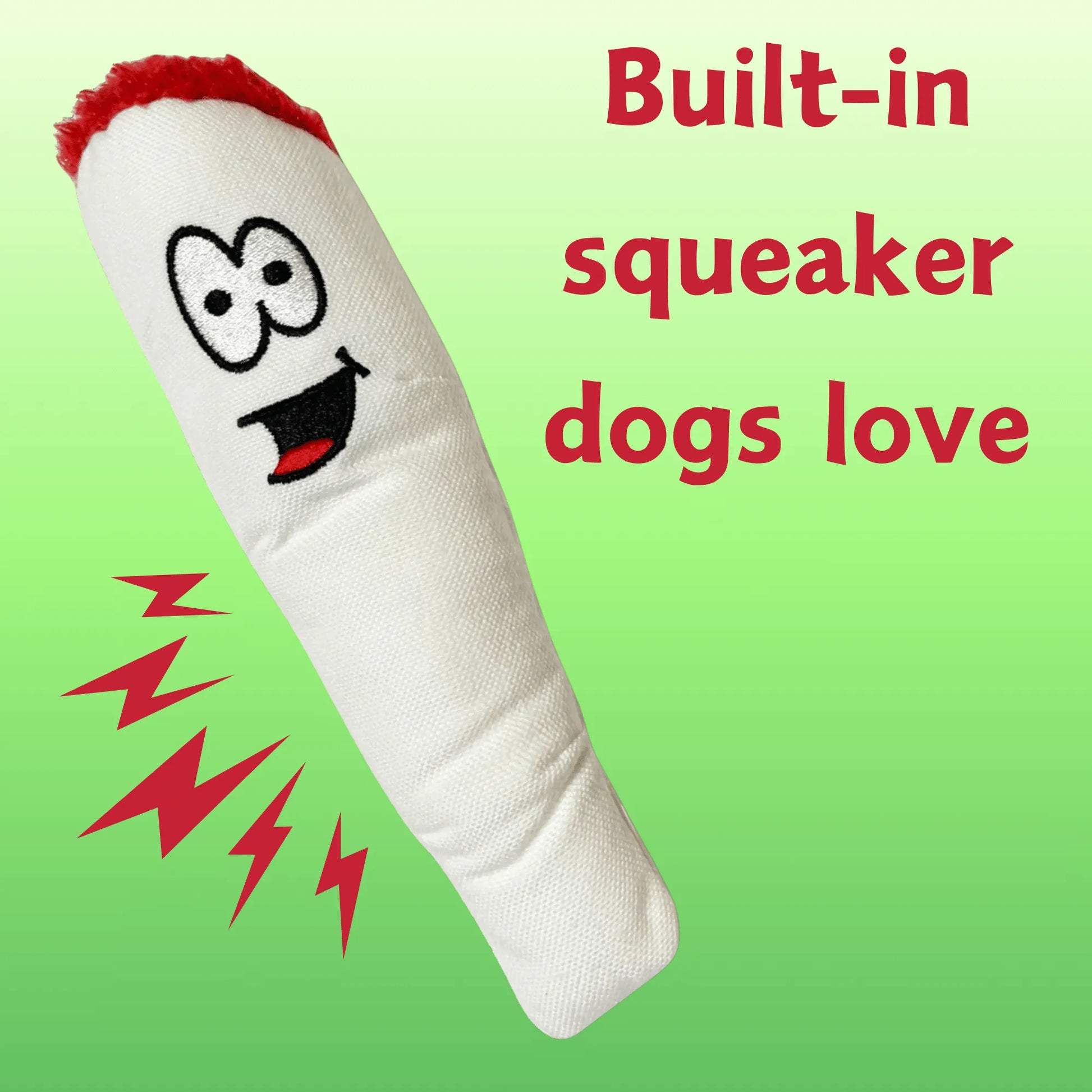 Cute stuffed "My Name is Jay" parody joint dog toy by Berry Charmz in white, perfect for puppies and small to large breeds.