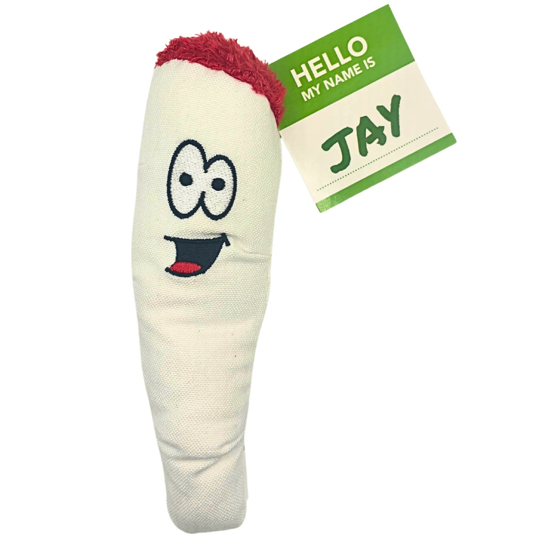 Cute white "My Name is Jay" plush dog toy by Berry Charmz, perfect for puppies and small to large breeds, featuring a funn...