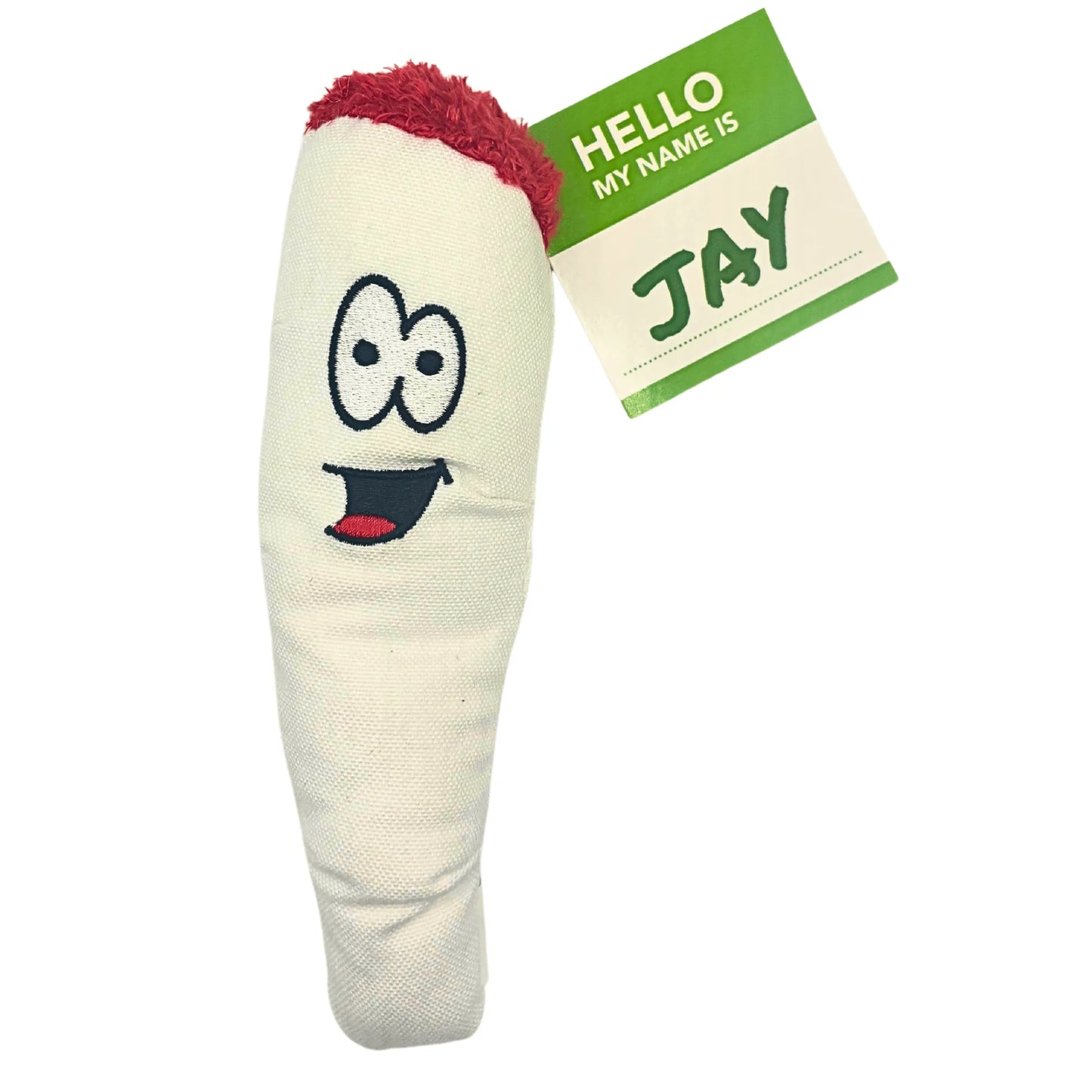 Cute "My Name is Jay" plush dog toy by Berry Charmz in white, perfect for small to large breeds, ideal for fetch and photo...