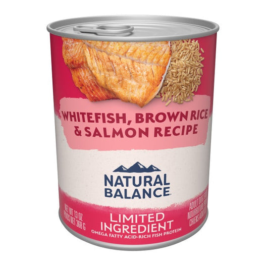 Natural Balance healthy wet dog food whitefish salmon in a can with brown rice for adult dogs