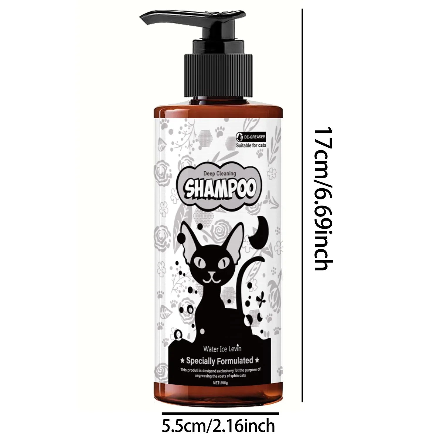 Natural pet shampoo 250g in brown bottle with pump and cat illustration for deep cleaning coats