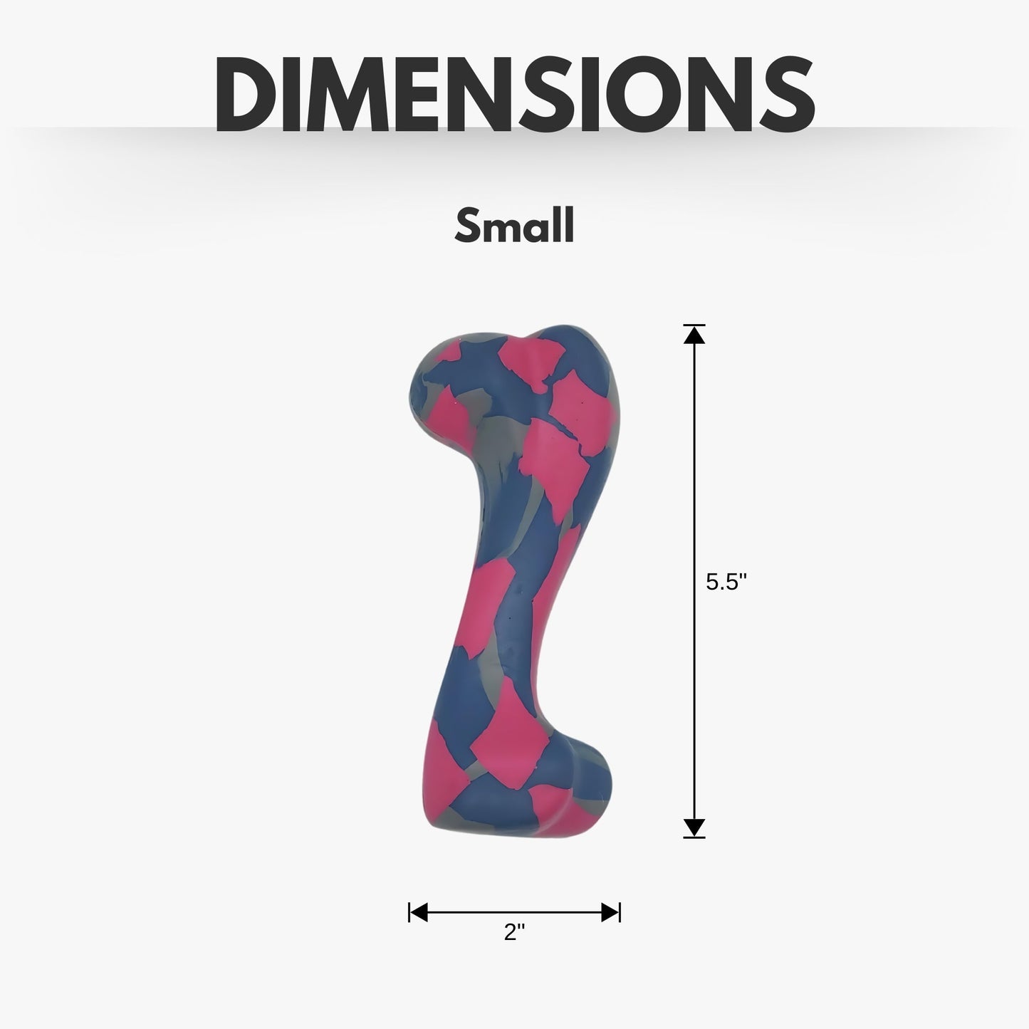 Small natural rubber dog chew toy in blue and pink, measuring 5.5 inches tall and 2 inches wide