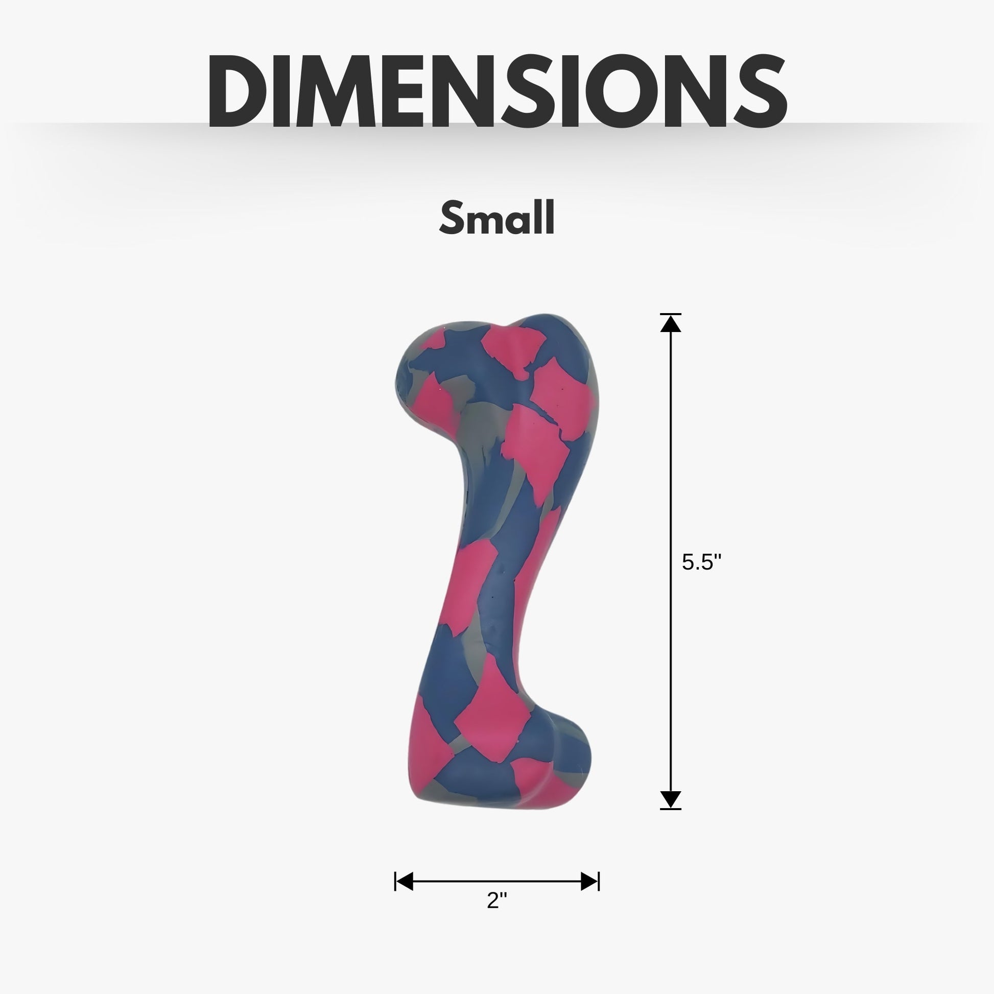 Small natural rubber dog chew toy in blue and pink, measuring 5.5 inches tall and 2 inches wide