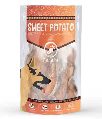 Natural Sweet Potato Dog Chew Strips by The Family Pet, 8oz pack, grain-free, budget-friendly, ideal healthy snack for dogs.