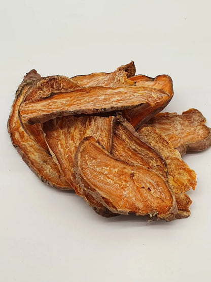 Natural Sweet Potato Dog Chew Strips by The Family Pet, 8oz pack, grain-free, budget-friendly, ideal healthy snack for dogs.