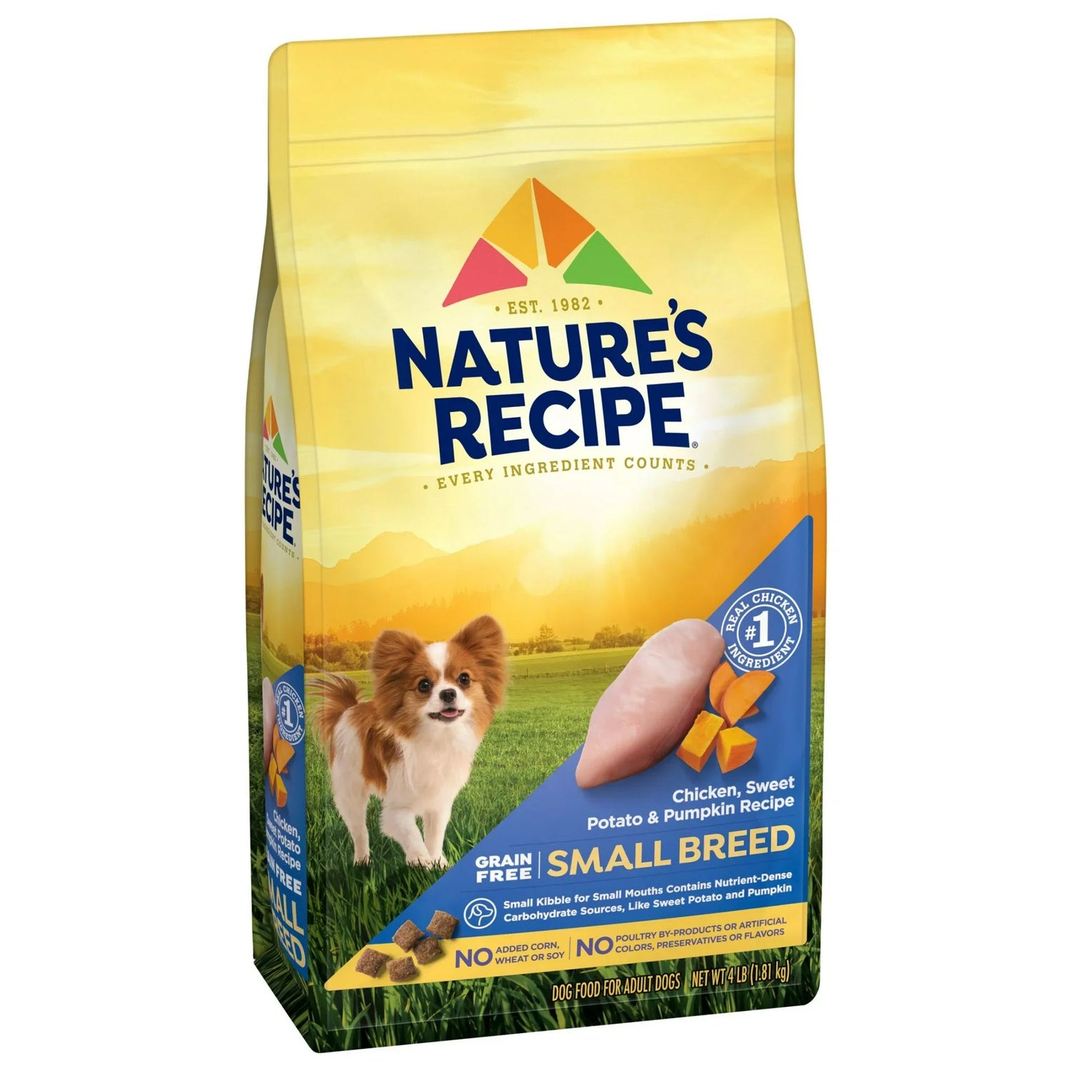 Nature's Recipe Grain Free Small Breed Dry Dog Food with Pumpkin, ideal for tiny dogs' nutritional needs.