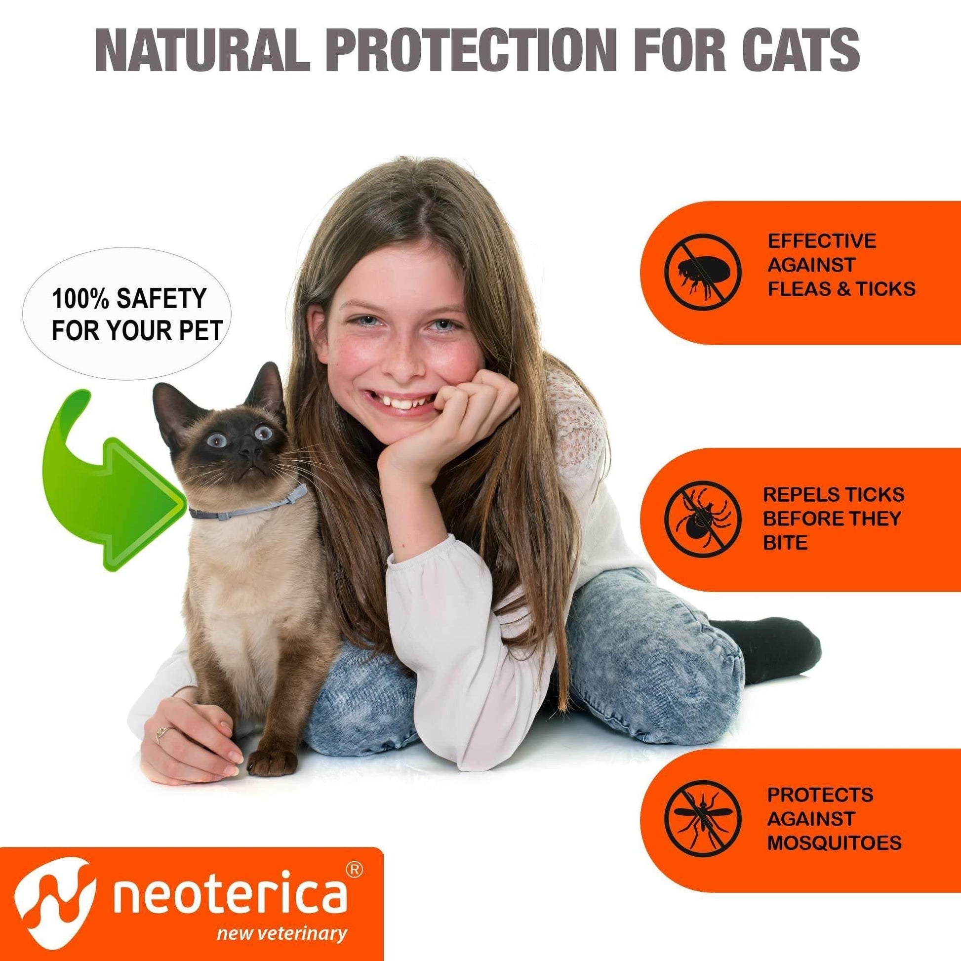 Girl with cat wearing long-lasting cat tick prevention flea and tick collar by Purrfect Pet Kingdom