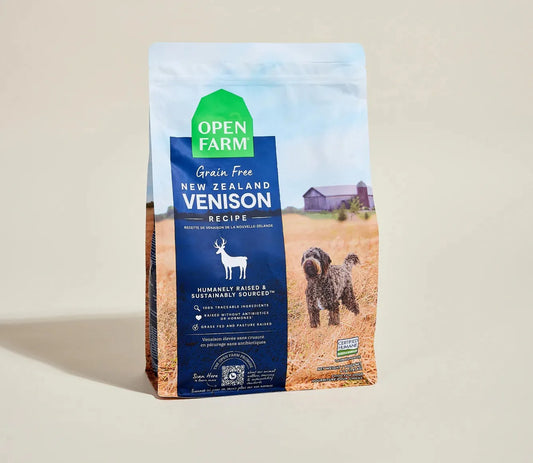 New Zealand Venison Dog Kibble by Open Farm in a brown bag, available in 4 lbs and 22 lbs sizes at The Pet Shop.