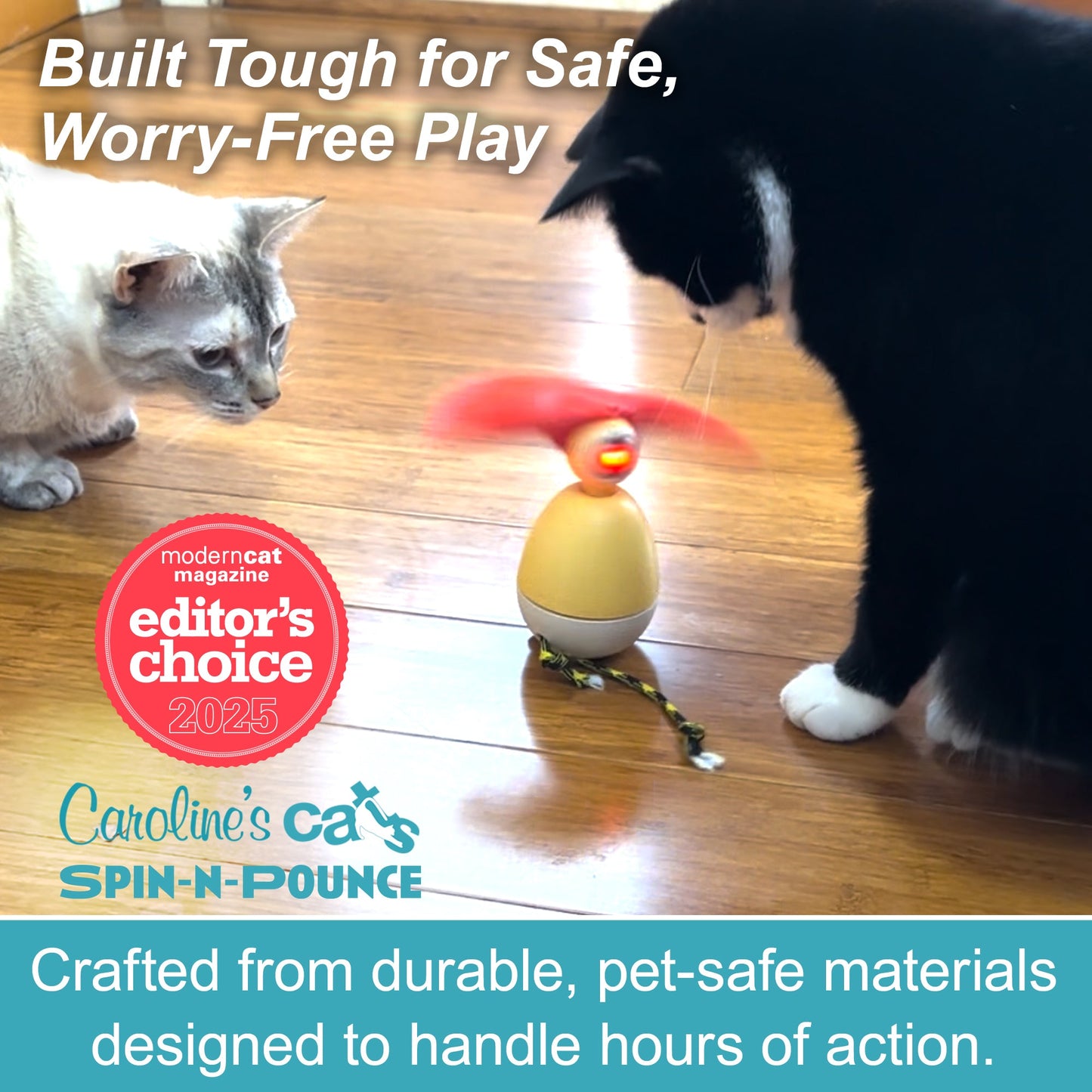 Caroline's Cats Spin-N-Pounce Rechargeable Automatic Interactive Indoor Dancing Cat Toy; Touch Sensor & Auto Shut Off, 360° Rotation, Silent Motor, LED Light, Simulates Prey for Hunting & Exercise