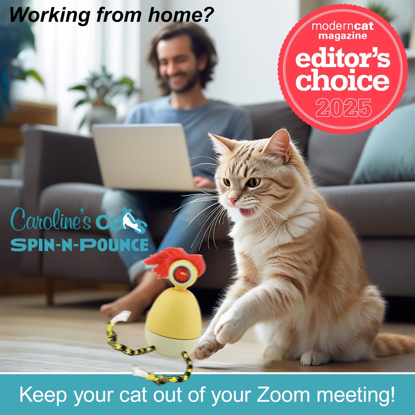 Caroline's Cats Spin-N-Pounce Rechargeable Automatic Interactive Indoor Dancing Cat Toy; Touch Sensor & Auto Shut Off, 360° Rotation, Silent Motor, LED Light, Simulates Prey for Hunting & Exercise