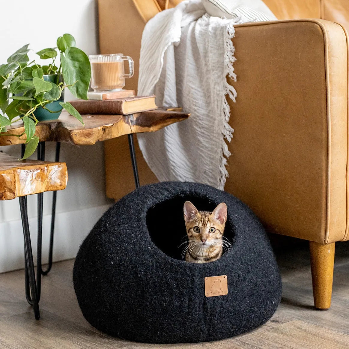 Night Black round style cave by The Family Pet, available in Regular and Large sizes, perfect cozy hideaway for cats.