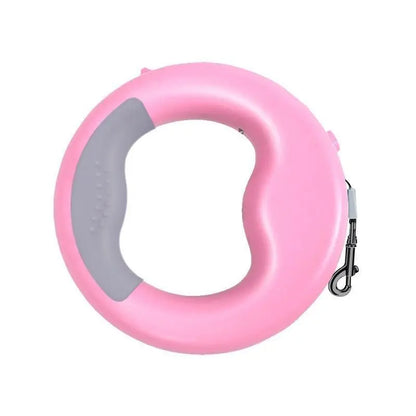 Night Light Leash USB Rechargeable pink circular retractable dog leash with gray handle and metal clip for night walks