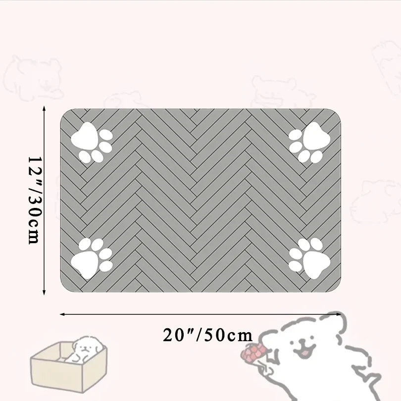 Non-slip dog and cat food mat with a stylish herringbone pattern and paw prints, measuring 20x12 inches