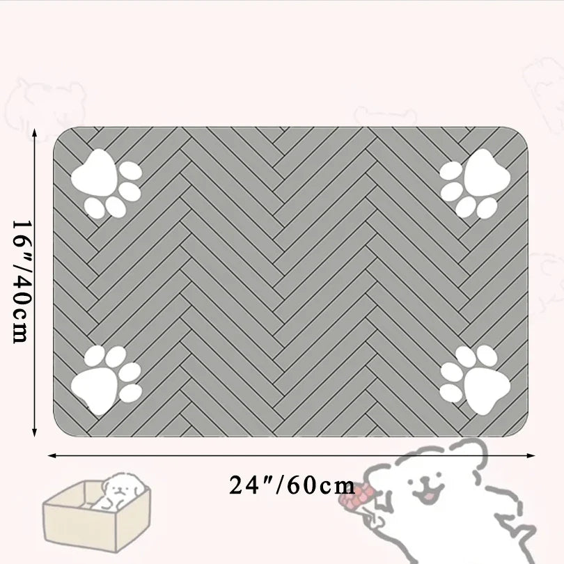 Gray non-slip dog and cat food mat with paw print design, measuring 24x16 inches for pet feeding