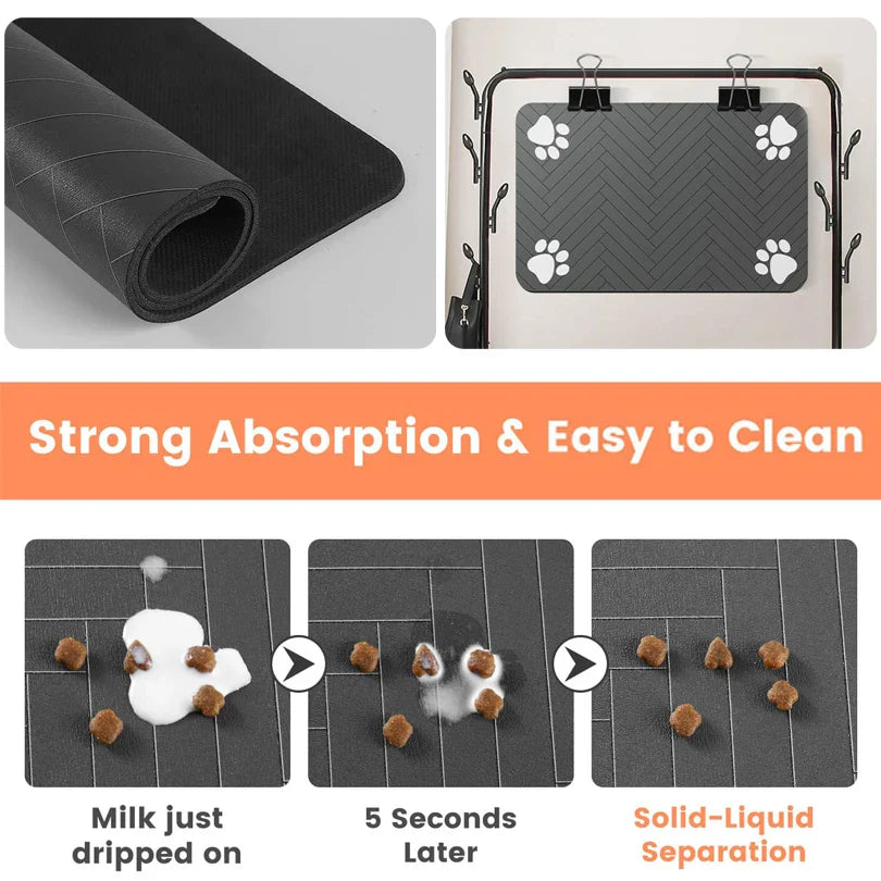 Non-slip dog and cat food mat in black with strong absorption and easy-to-clean features